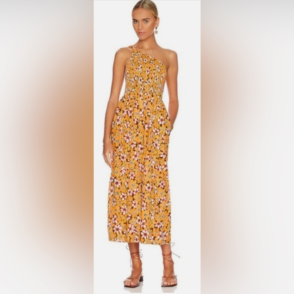 Faithfull the Brand Khalani One Shoulder Smocked Midi Dress in Size 6